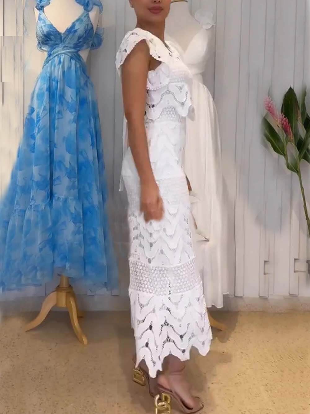 Retro Wave Dot Embroidery Lace Back Tie-up Top and Elastic Waist Maxi Skirt Set