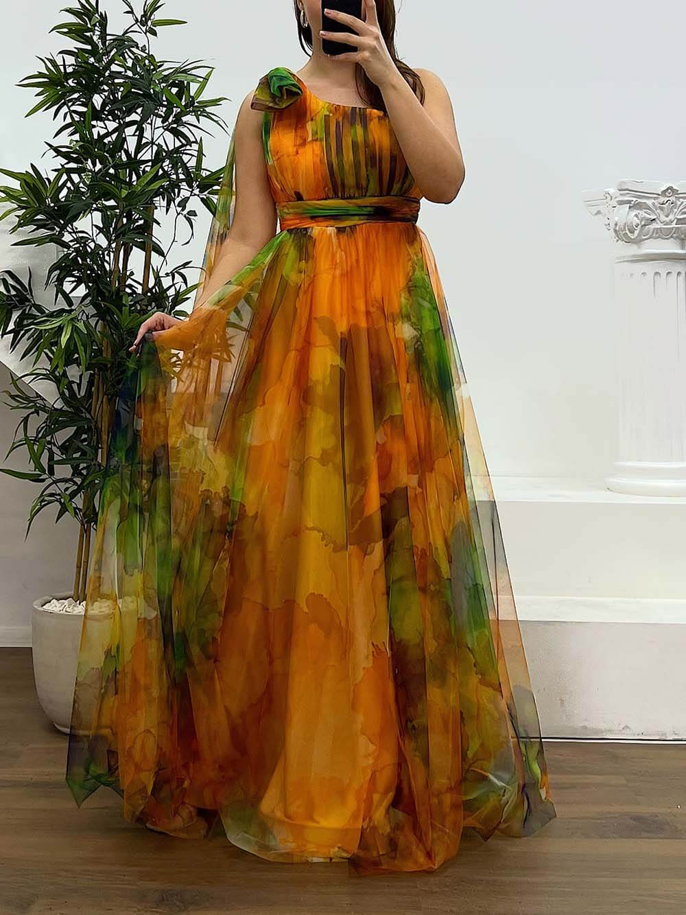 Elegant Printed One-Shoulder Chiffon Plus Size Tulle Evening Dress