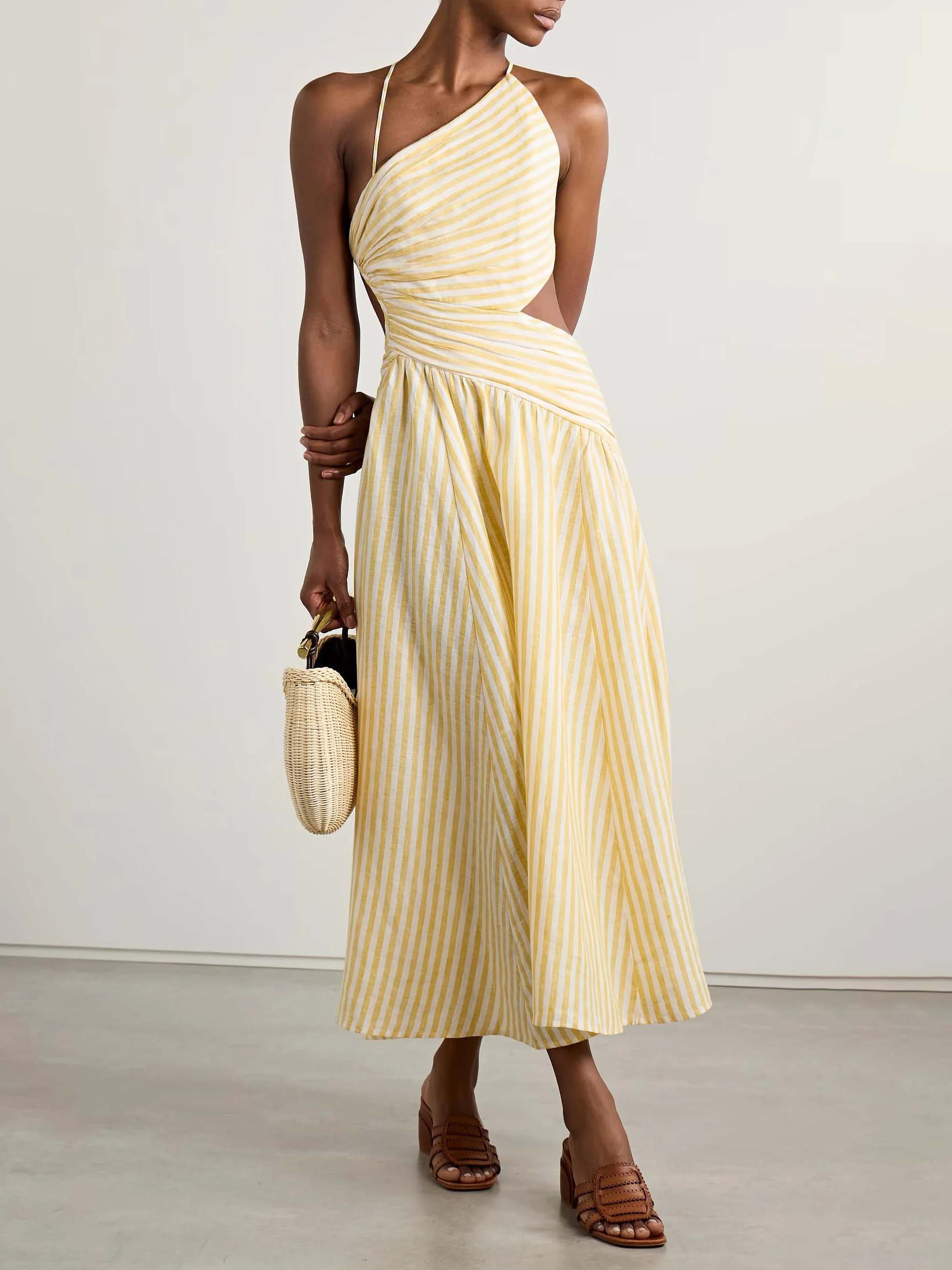 Exquisite Casual Hollow Pleated Striped Print Midi Dress