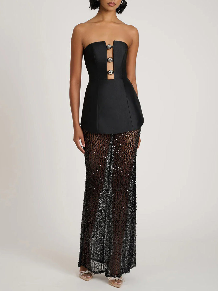 Elegant Bandeau Neck Sequined Maxi Dress