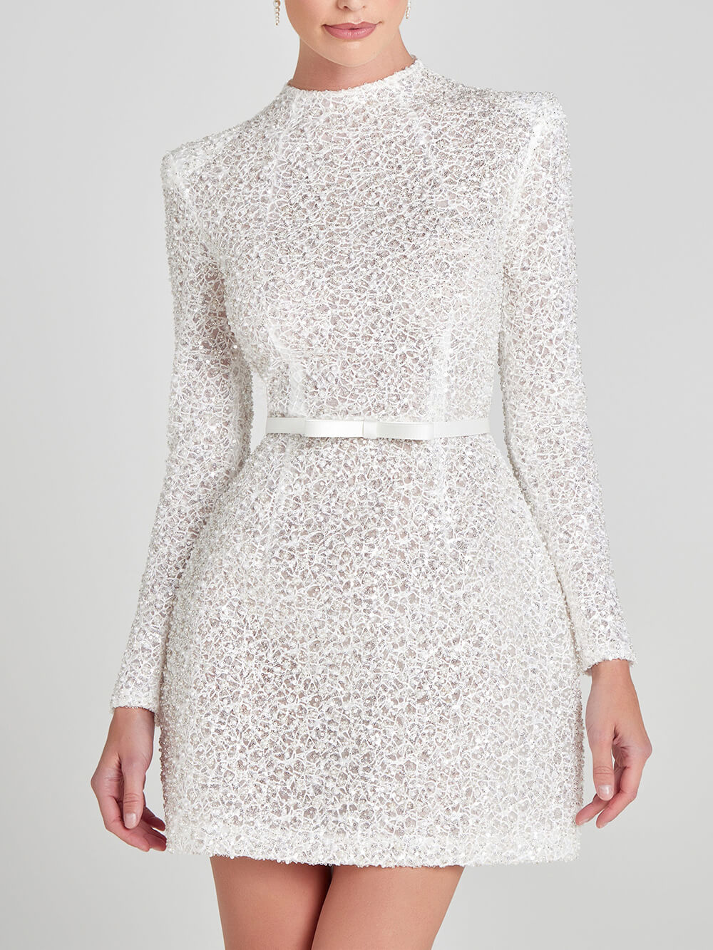 Elegant Pearl-Embellished Mesh Bow High-Neck Mini Dress