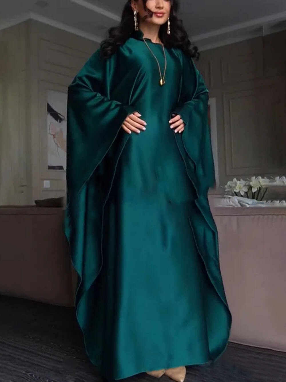 Elegant Satin Batwing Sleeve with Waist Tie Design Dignified A-line Maxi Dress