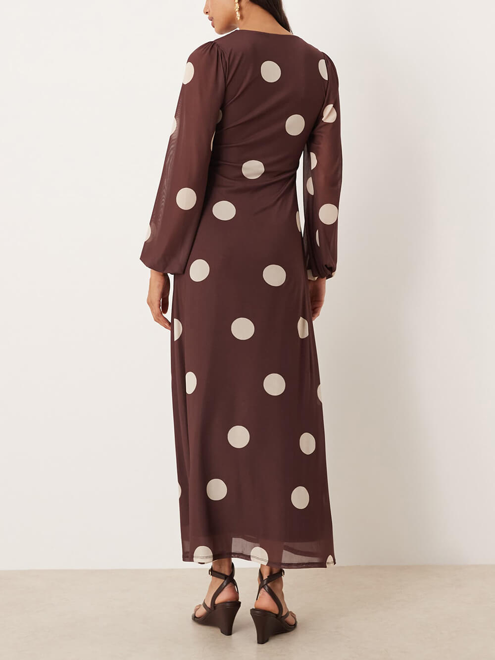 Elegant Polka Dot Print Lantern Sleeve Maxi Dress