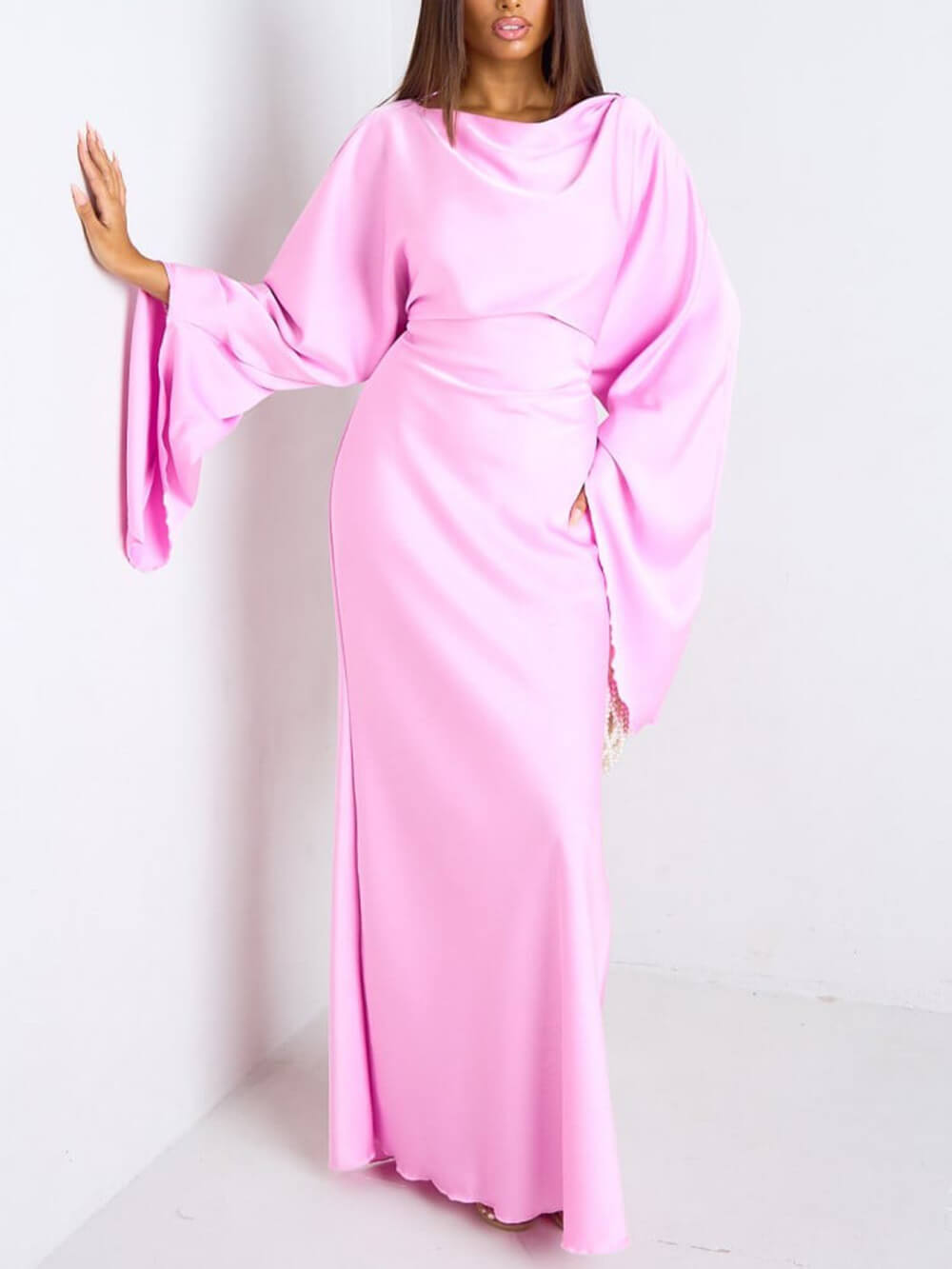 Elegant Ruched Satin Lantern-Sleeve Maxi Dress