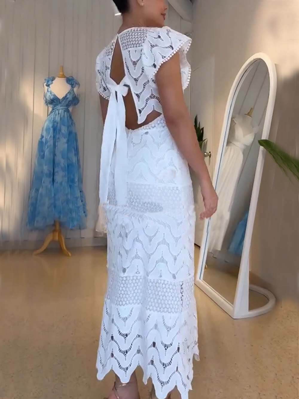 Retro Wave Dot Embroidery Lace Back Tie-up Top and Elastic Waist Maxi Skirt Set