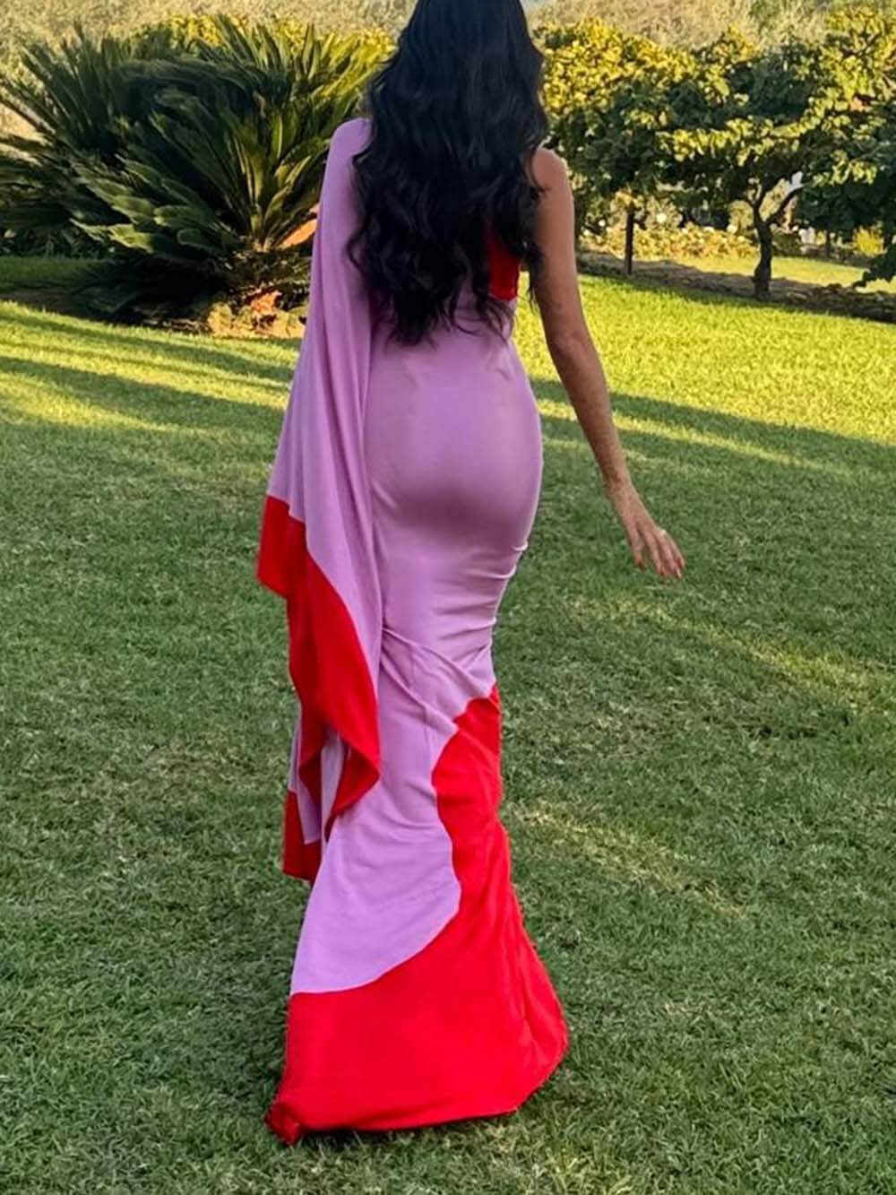 Exquisite One-Shoulder Colorblock Draped Maxi Dress