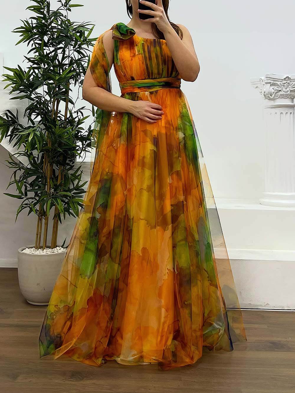 Elegant Printed One-Shoulder Chiffon Plus Size Tulle Evening Dress