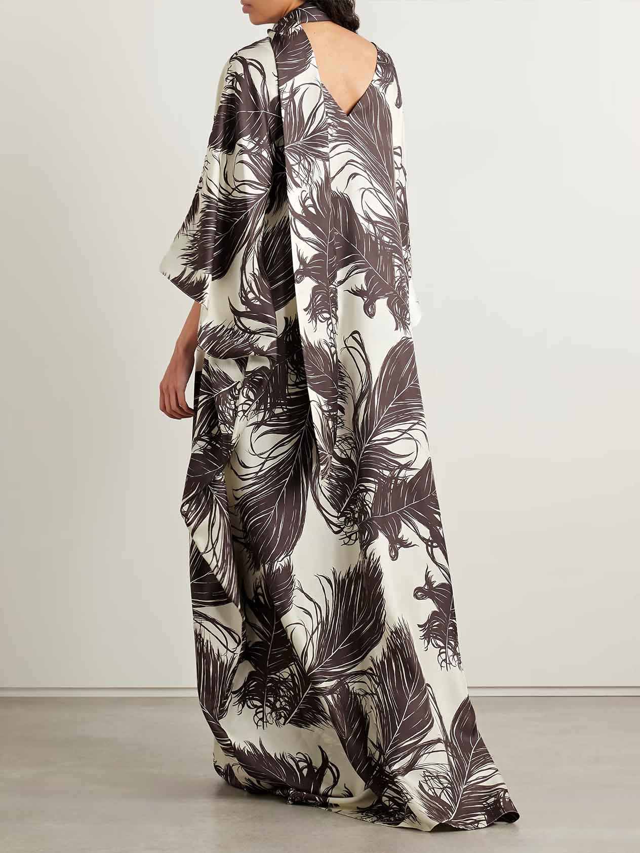 Elegant Satin Feather Print Batwing Sleeve Maxi Dress