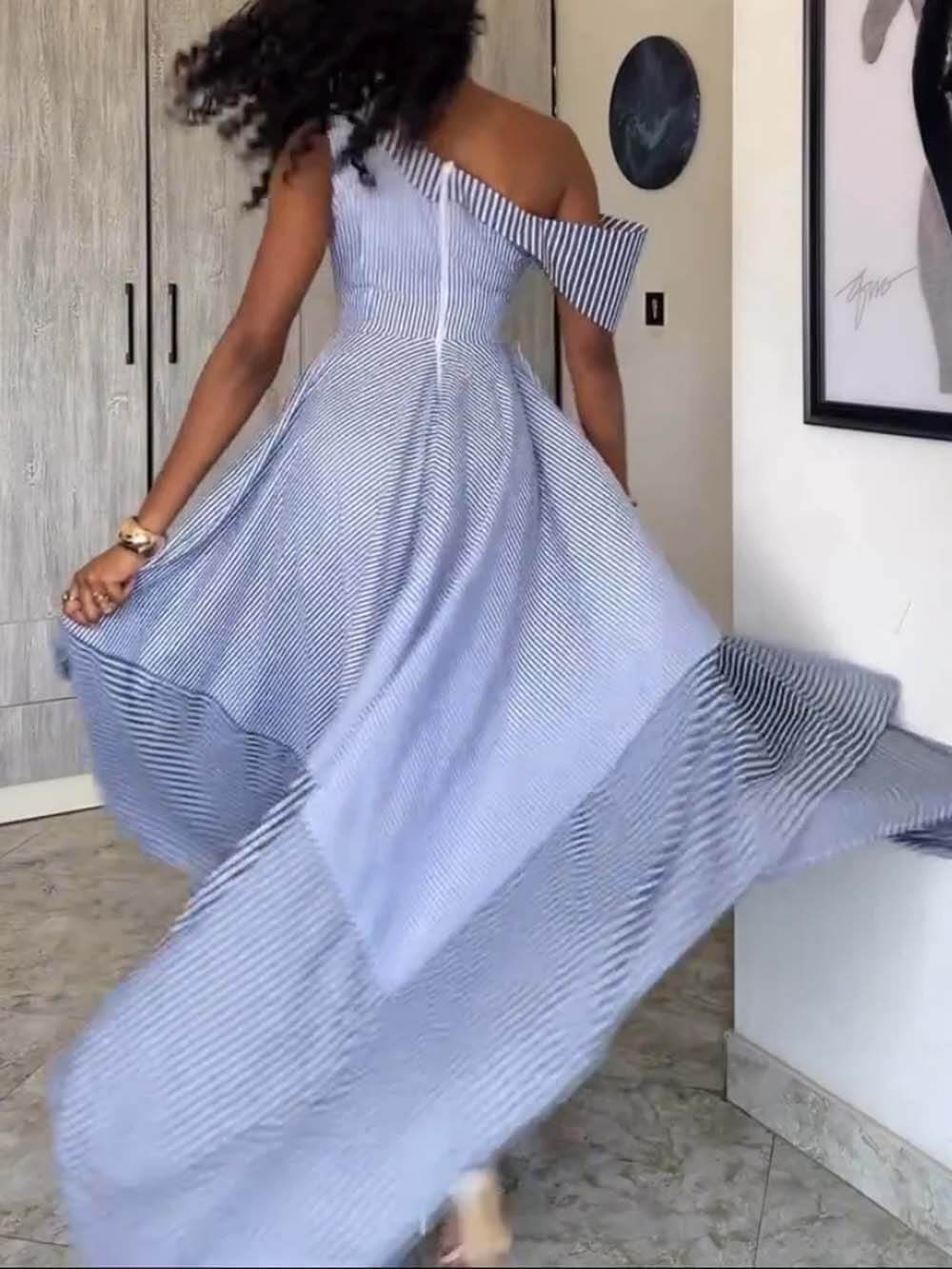 Classic Stripe Print One-Shoulder Asymmetrical Maxi Dress