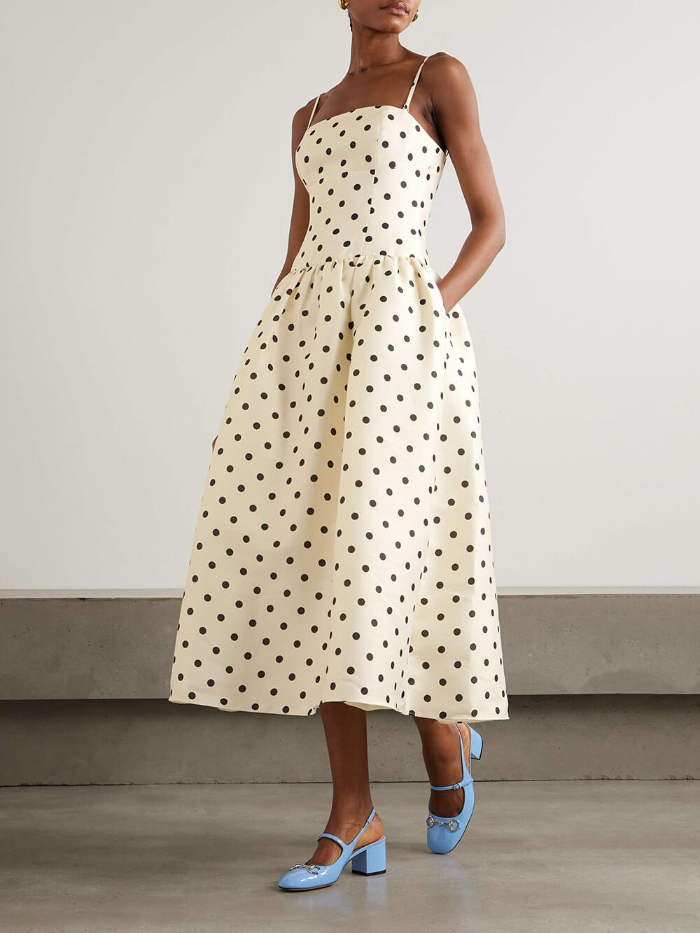 Classic Polka-Dot Print Satin Midi Dress