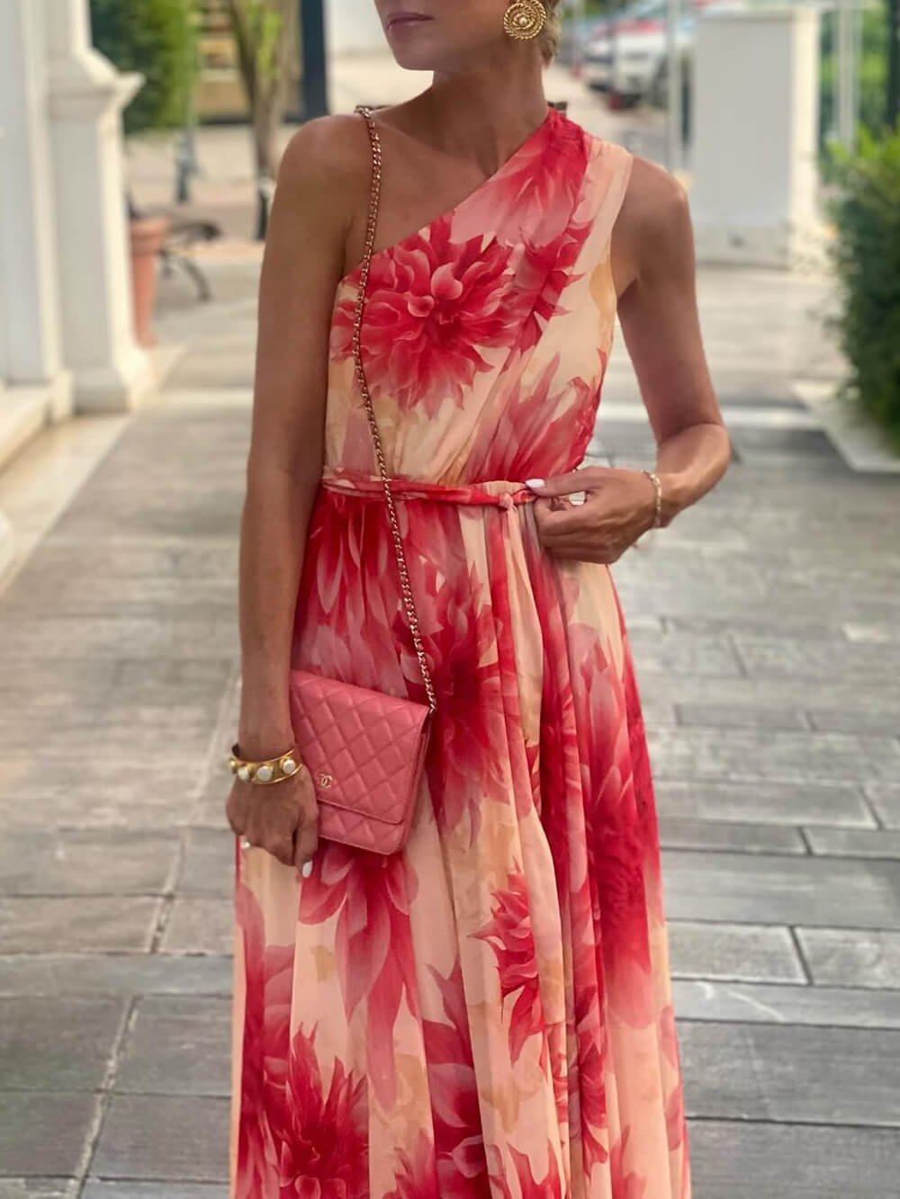 Elegant One-Shoulder Floral Print Tie-Waist Maxi Dress