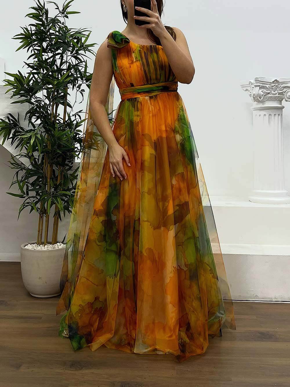 Elegant Printed One-Shoulder Chiffon Plus Size Tulle Evening Dress