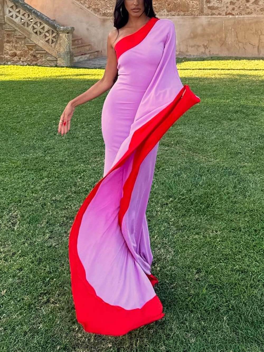 Exquisite One-Shoulder Colorblock Draped Maxi Dress