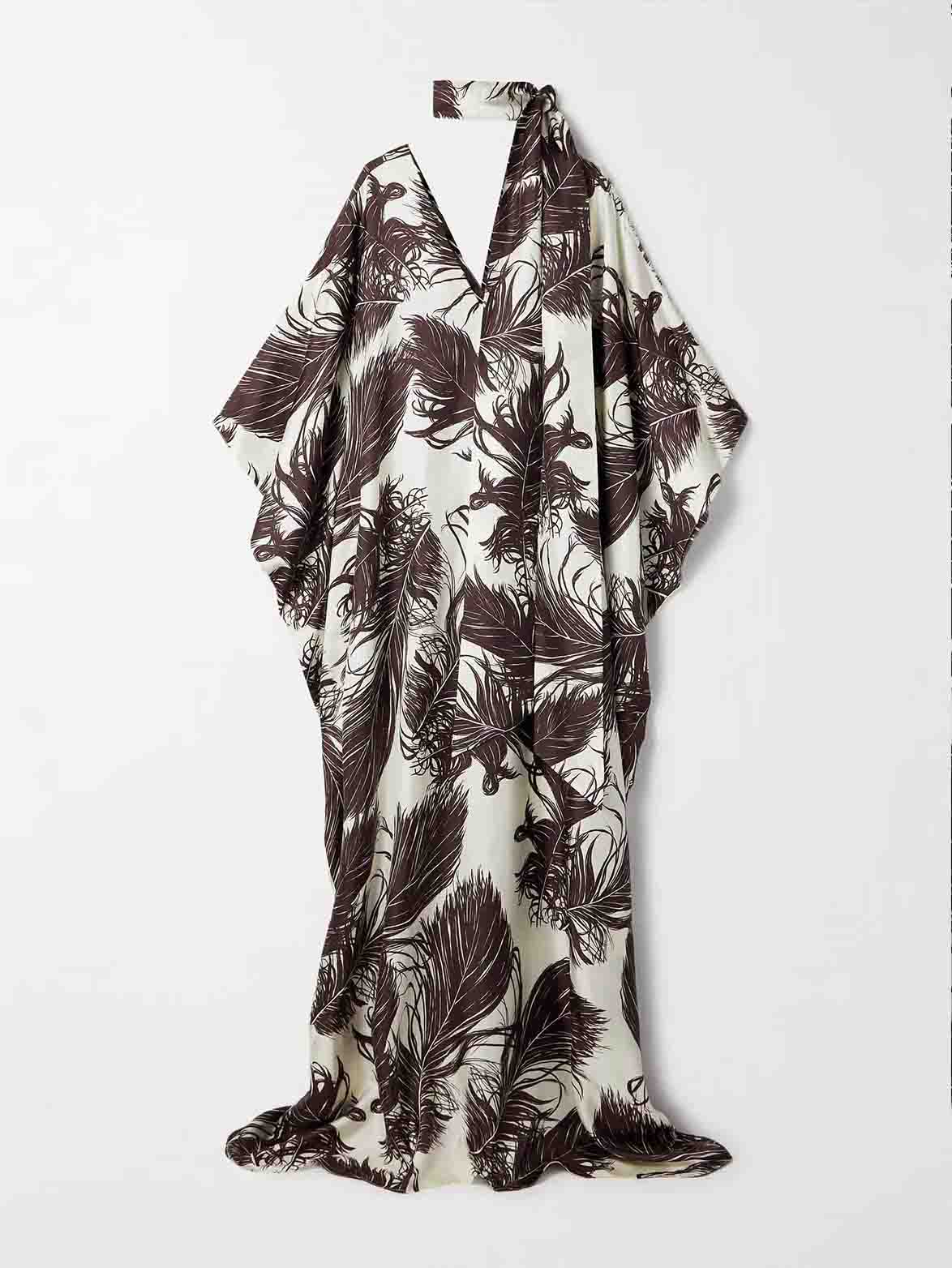 Elegant Satin Feather Print Batwing Sleeve Maxi Dress
