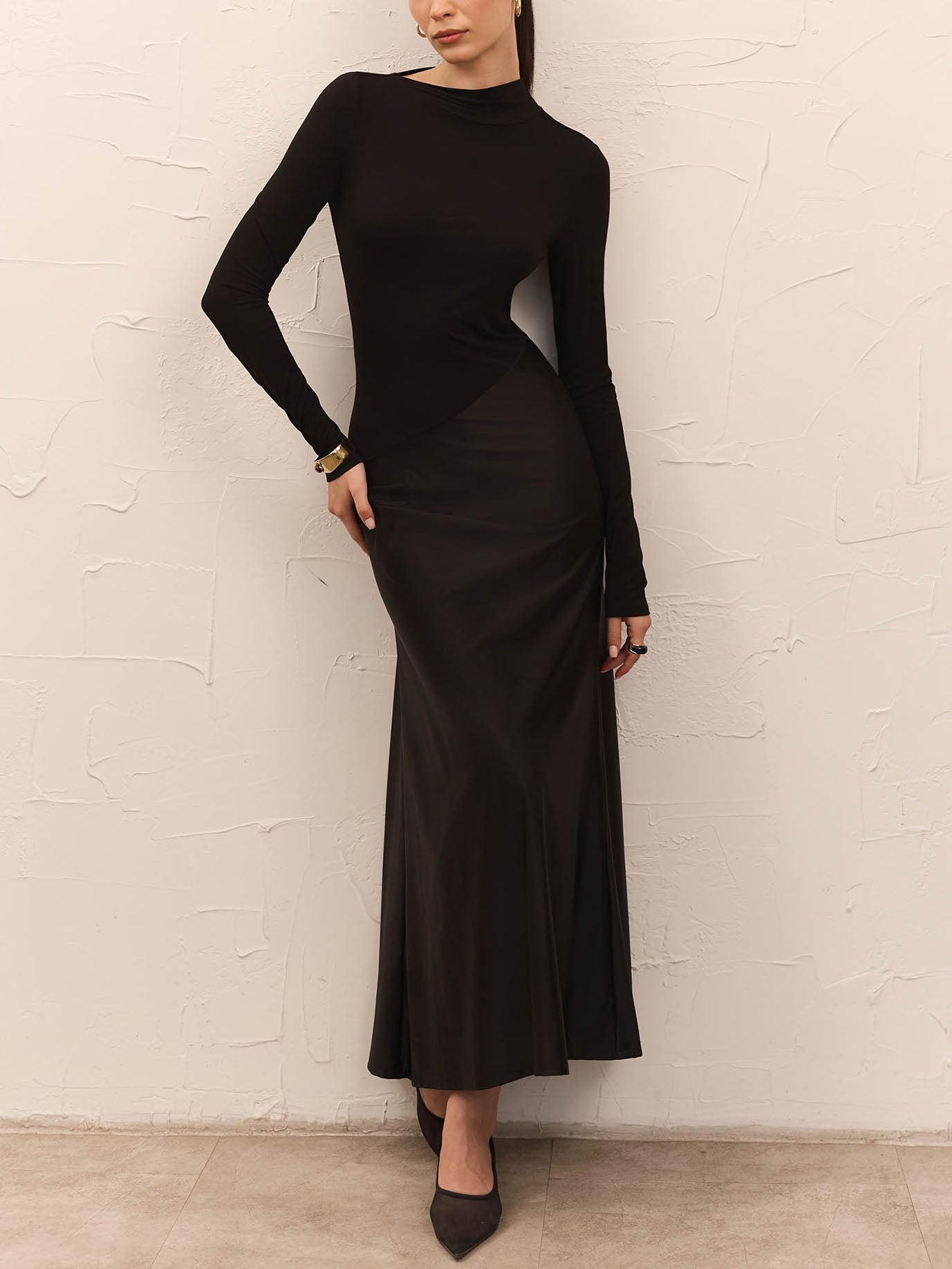 Elegant Asymmetrical Neckline Fitted Maxi Dress