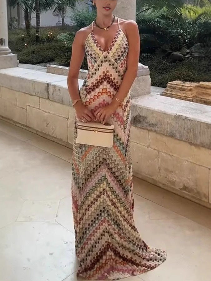 Unique Knit Colorful Herringbone Open Back Maxi Dress