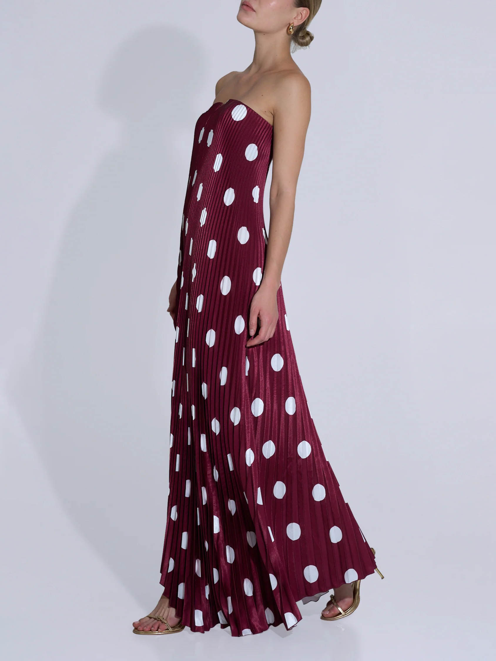 Elegant Strapless Polka Dot Print Pleated Maxi Dress