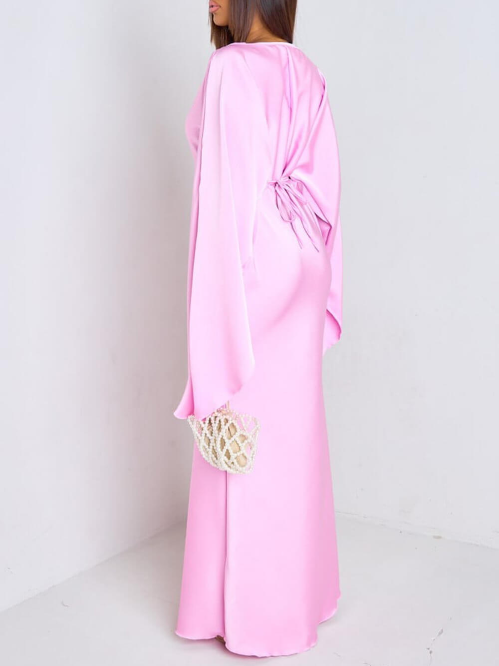 Elegant Ruched Satin Lantern-Sleeve Maxi Dress