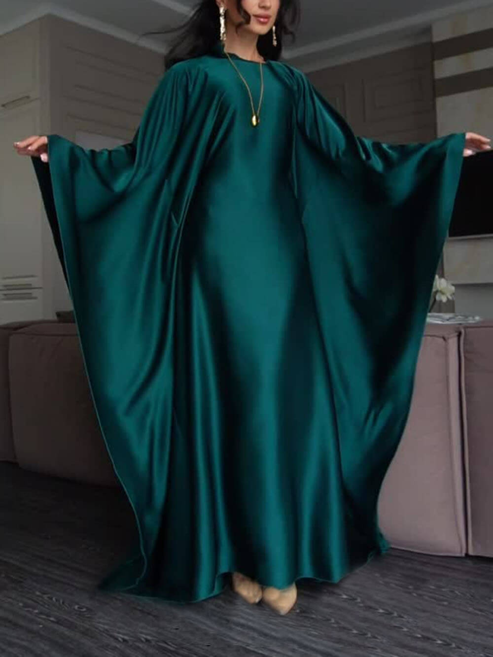 Elegant Satin Batwing Sleeve with Waist Tie Design Dignified A-line Maxi Dress