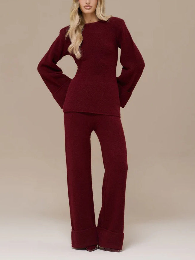 Elegant Flared Sleeve Knit Top And Pants Two-piece Set