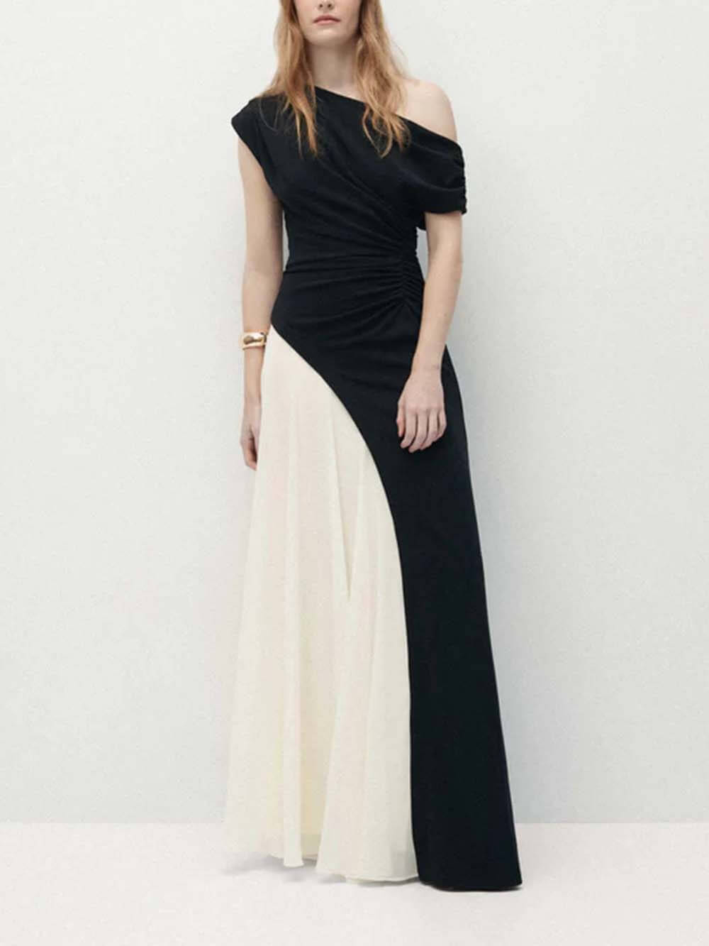 Elegant Asymmetric Off-Shoulder Pleated Maxi Dress
