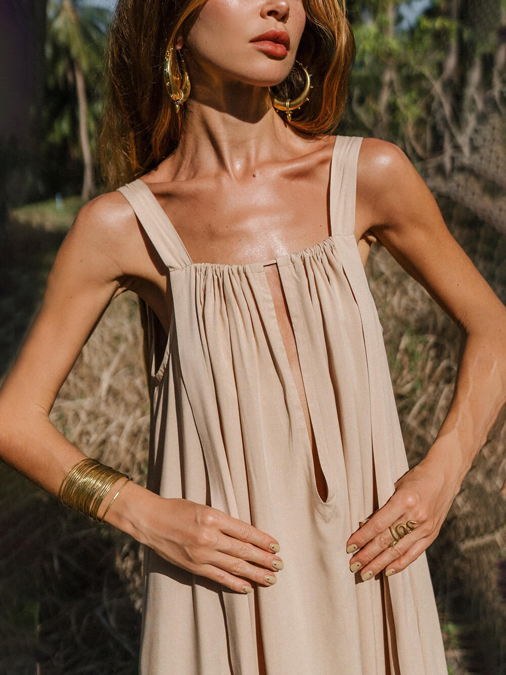 Elegant Square Neckline Beige Backless Flowing Ties Maxi Dress