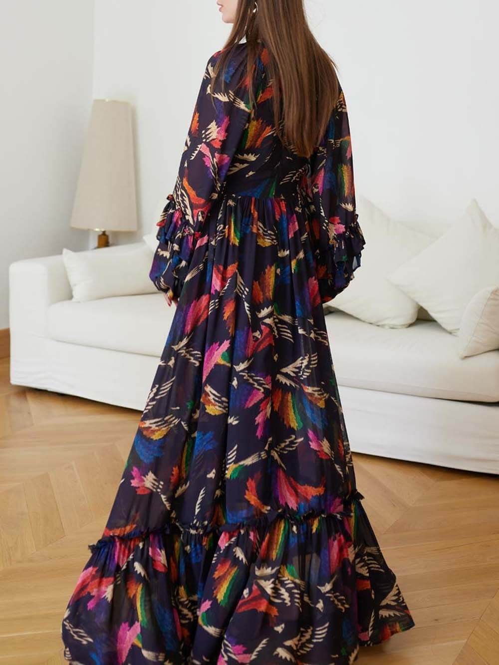 Delicately Patterned V-Neck Ruffle Sleeve Details Maxi Dress