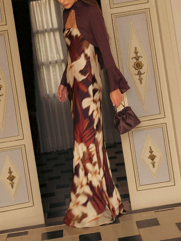 Elegant Chiffon Shirt Vintage Floral Print Long Dress Set