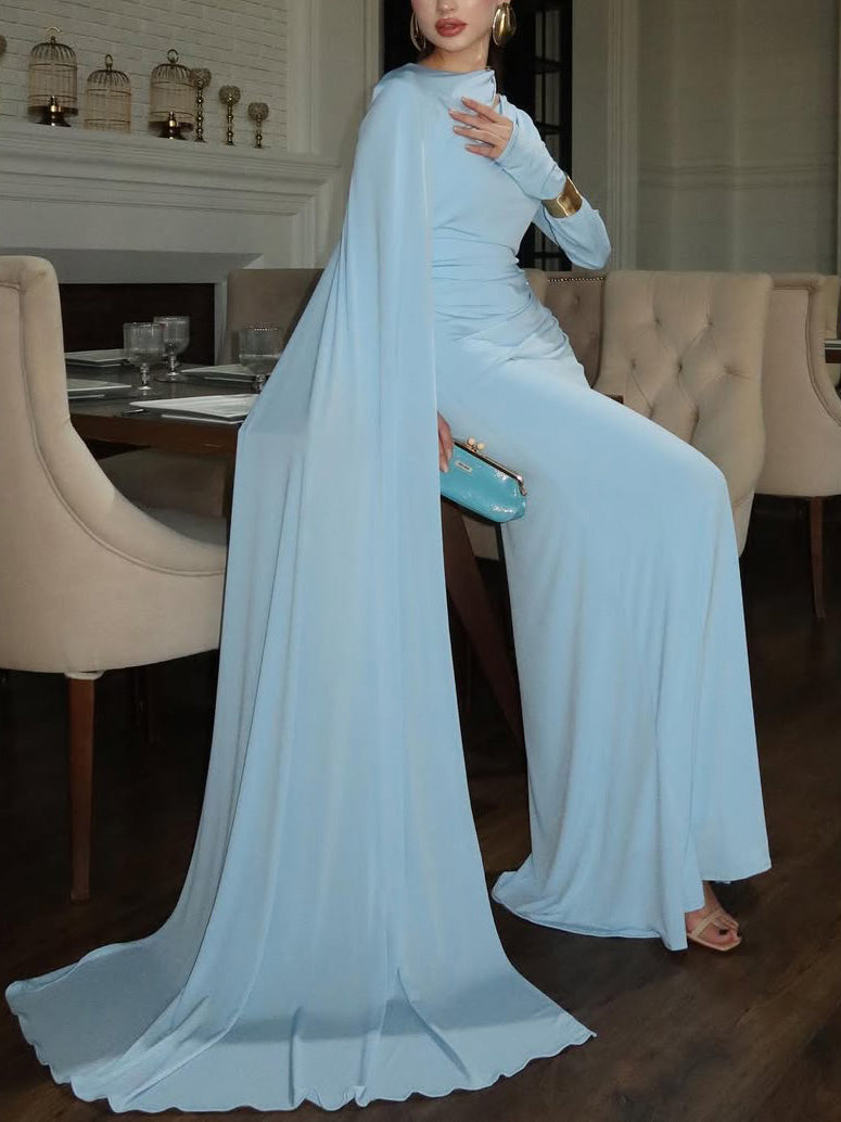 Elegant Satin Pleated Long-sleeved Maxi Dress
