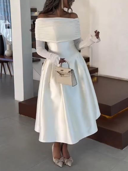 Elegant Off-Shoulder Satin Midi Dress