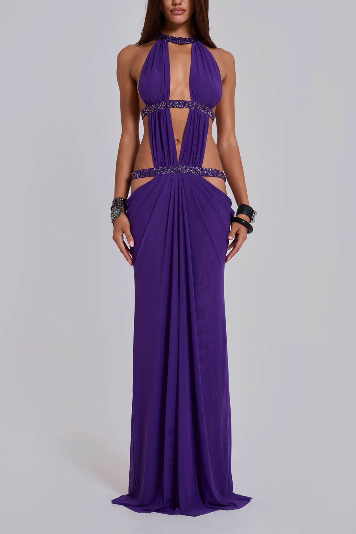 Elegant And Sexy Sequins Rhinestone Shoulder Strap Cutout Design Backless Drape Maxi Dress
