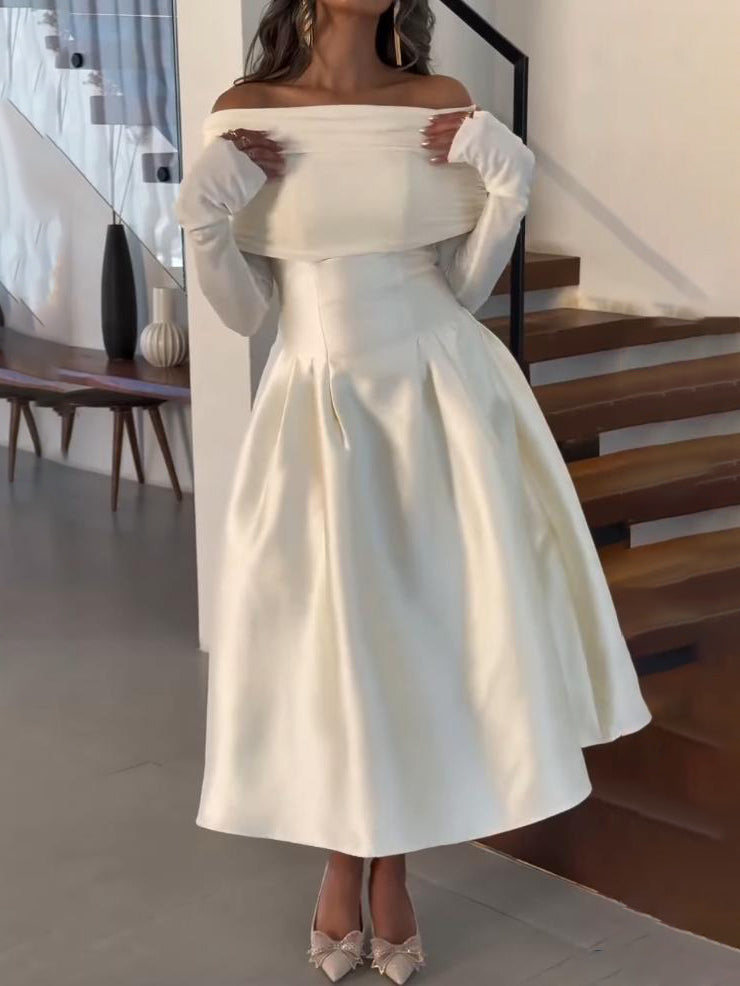 Elegant Off-Shoulder Satin Midi Dress