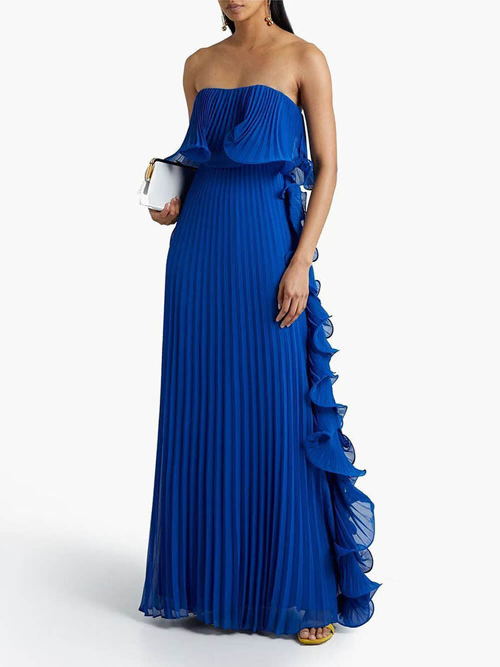 Elegant Chiffon Pleated Wavy Ruffles Trim Strapless Loose Maxi Dress