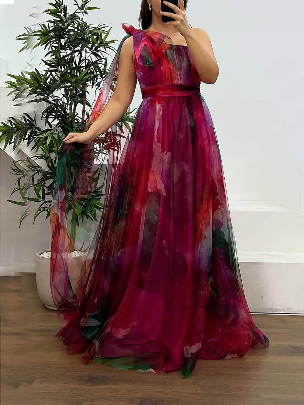 Elegant Printed One-Shoulder Chiffon Plus Size Tulle Evening Dress