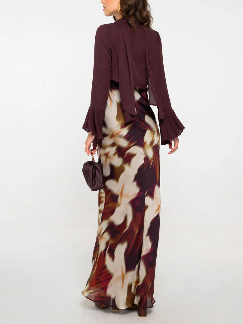 Elegant Chiffon Shirt Vintage Floral Print Long Dress Set