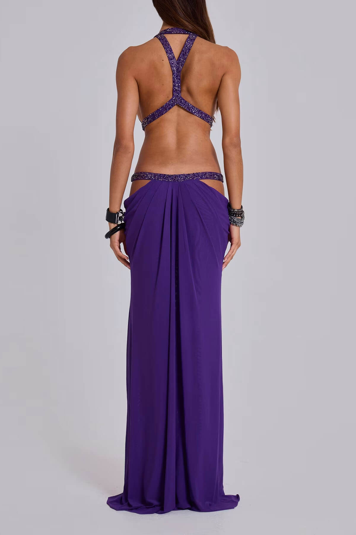 Elegant And Sexy Sequins Rhinestone Shoulder Strap Cutout Design Backless Drape Maxi Dress