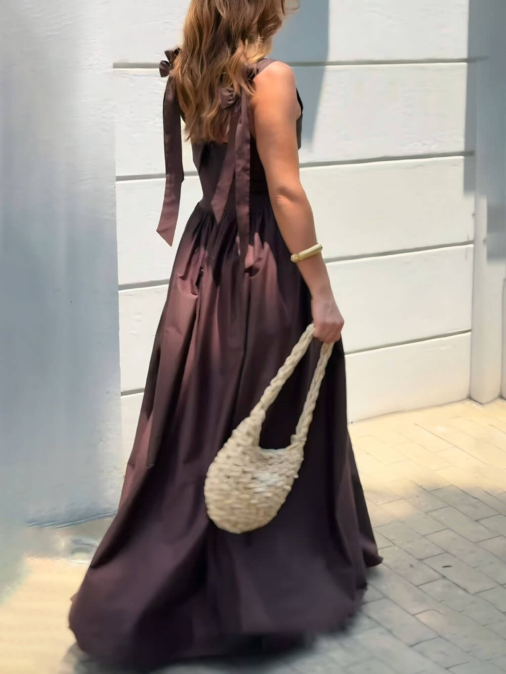 Elegant Bow Ruched Backless Maxi Dress