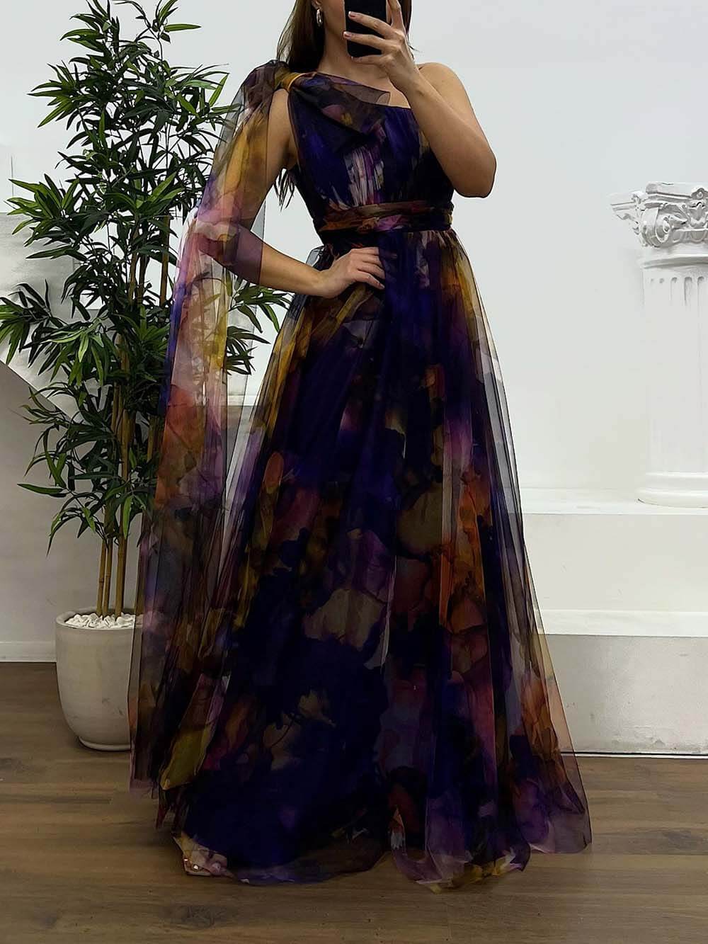 Elegant Printed One-Shoulder Chiffon Plus Size Tulle Evening Dress