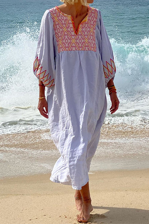 3/4 Balloon Sleeves Bohe Printed Caftan Midi Vacation Dress LightBlue