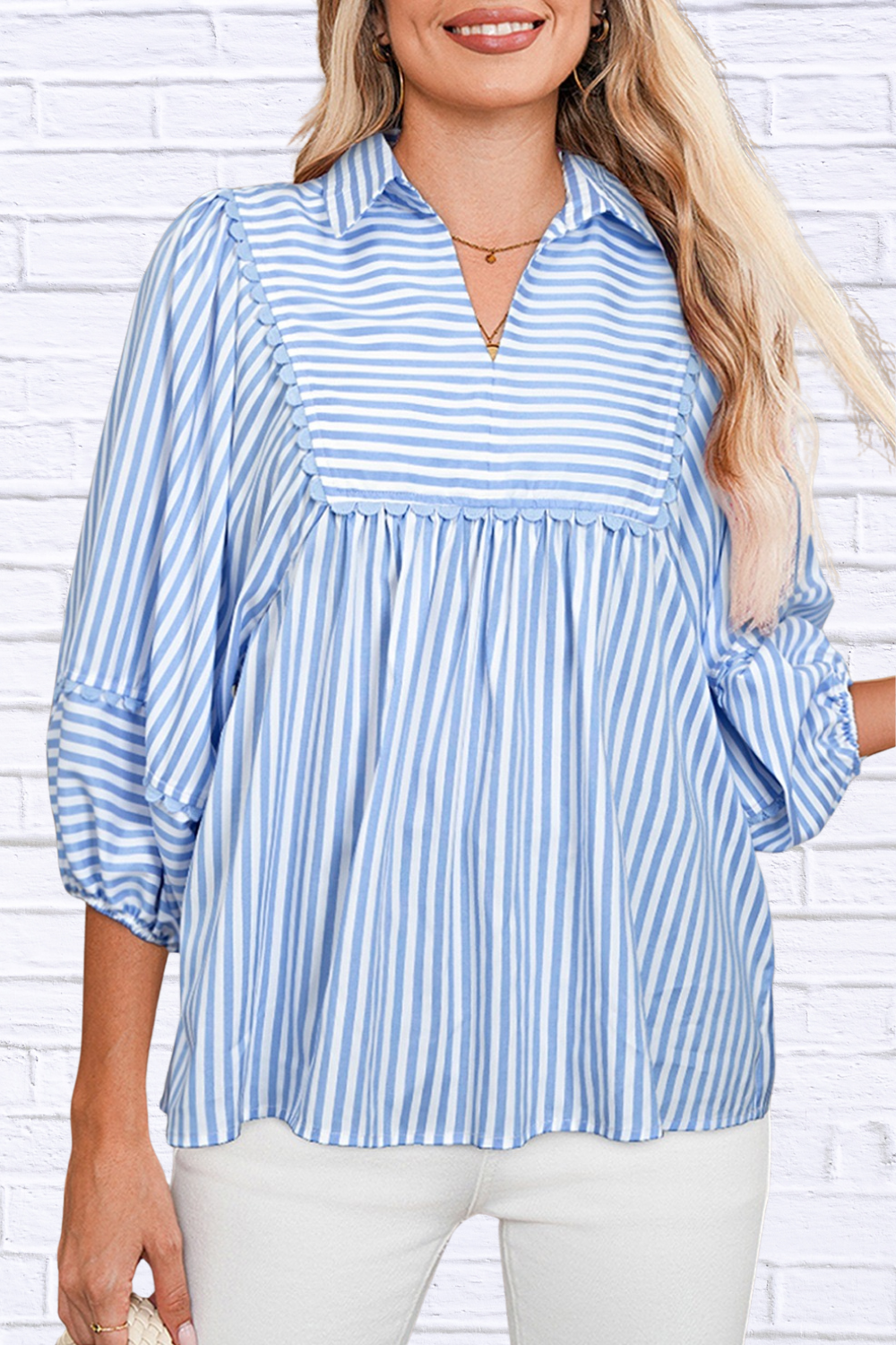 Striped Notched 3/4 Sleeve Blouse