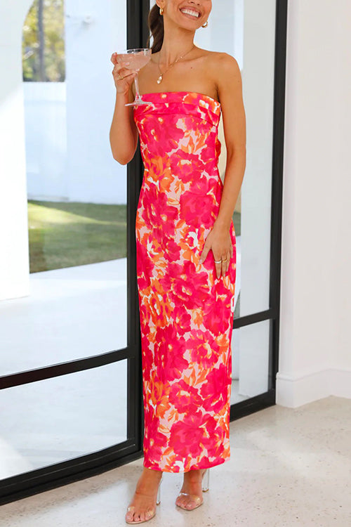 Strapless Off Shoulder Backless Printed Maxi Party Dress Red