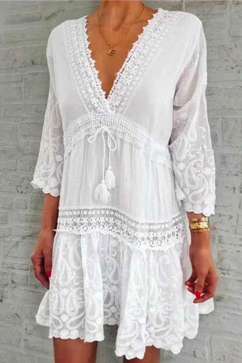 V Neck Lace Trim Tassel Swing Dress White