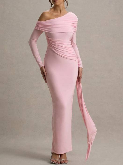 Slant Shoulder Ribbon Design Maxi Dress