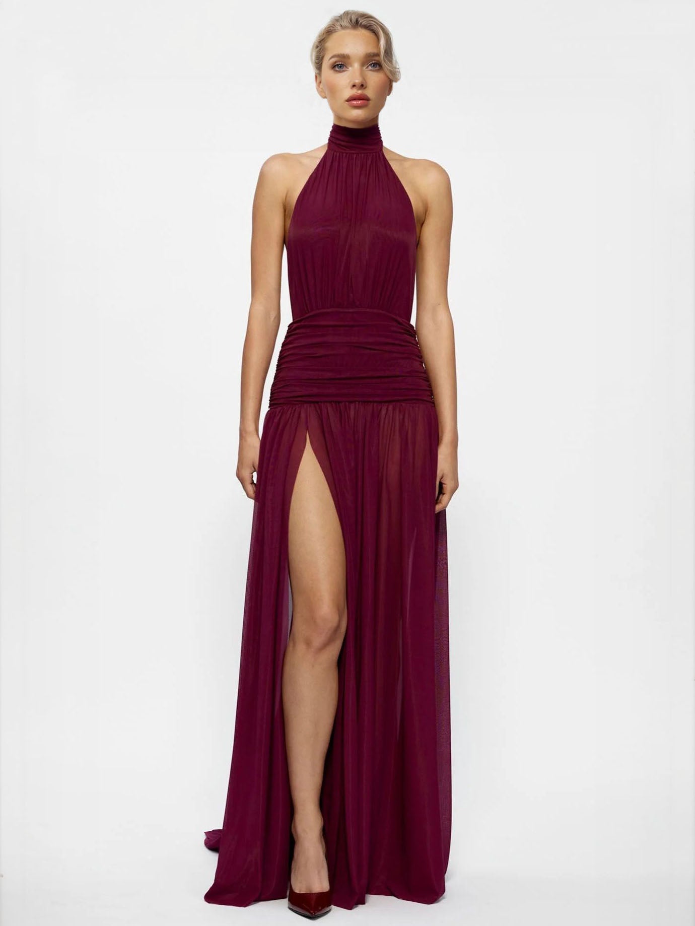 Elegant Halter Neck Ruffled Mesh Maxi Dress