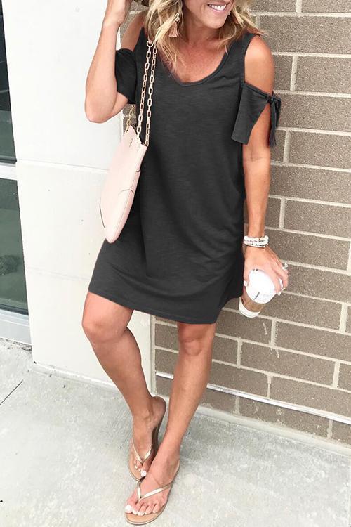 V Neck Cold Shoulder Solid T Shirt Dress Black