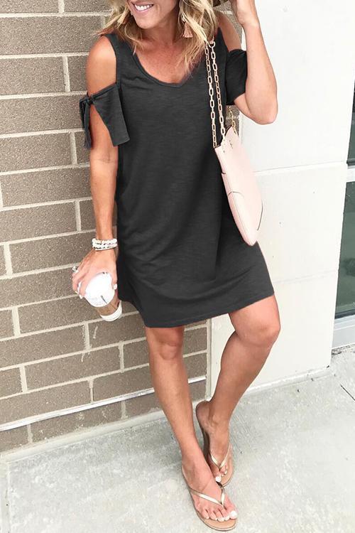 V Neck Cold Shoulder Solid T Shirt Dress