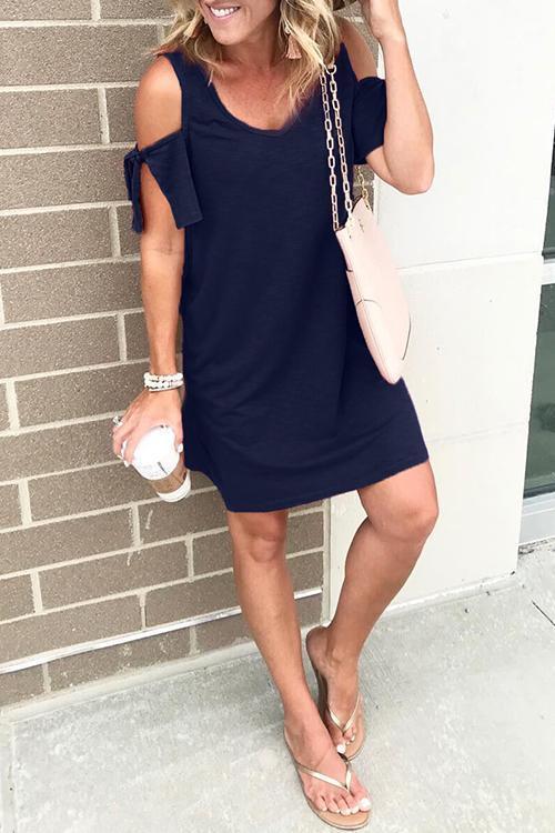 V Neck Cold Shoulder Solid T Shirt Dress