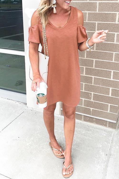V Neck Cold Shoulder Solid T Shirt Dress