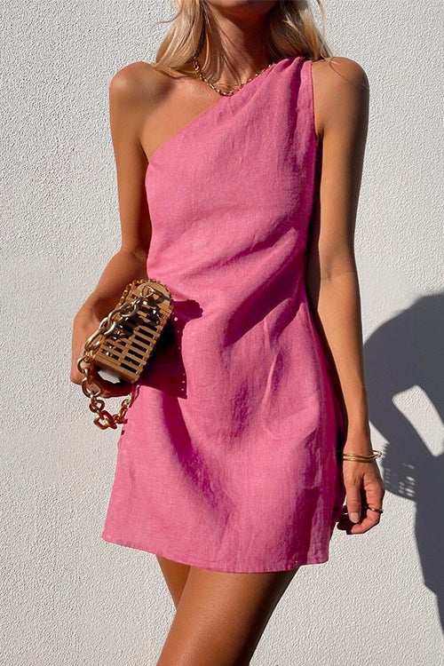 Sue One Shoulder Cotton Linen Mini Dress Pink