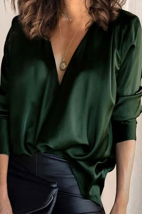 Solid V Neck Long Sleeve Blouse Top Green
